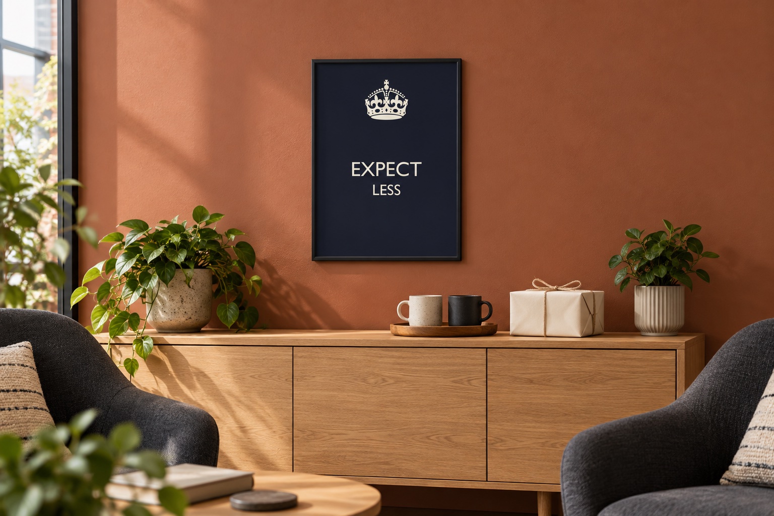 workplace break corner with an Expect Less print above a sideboard