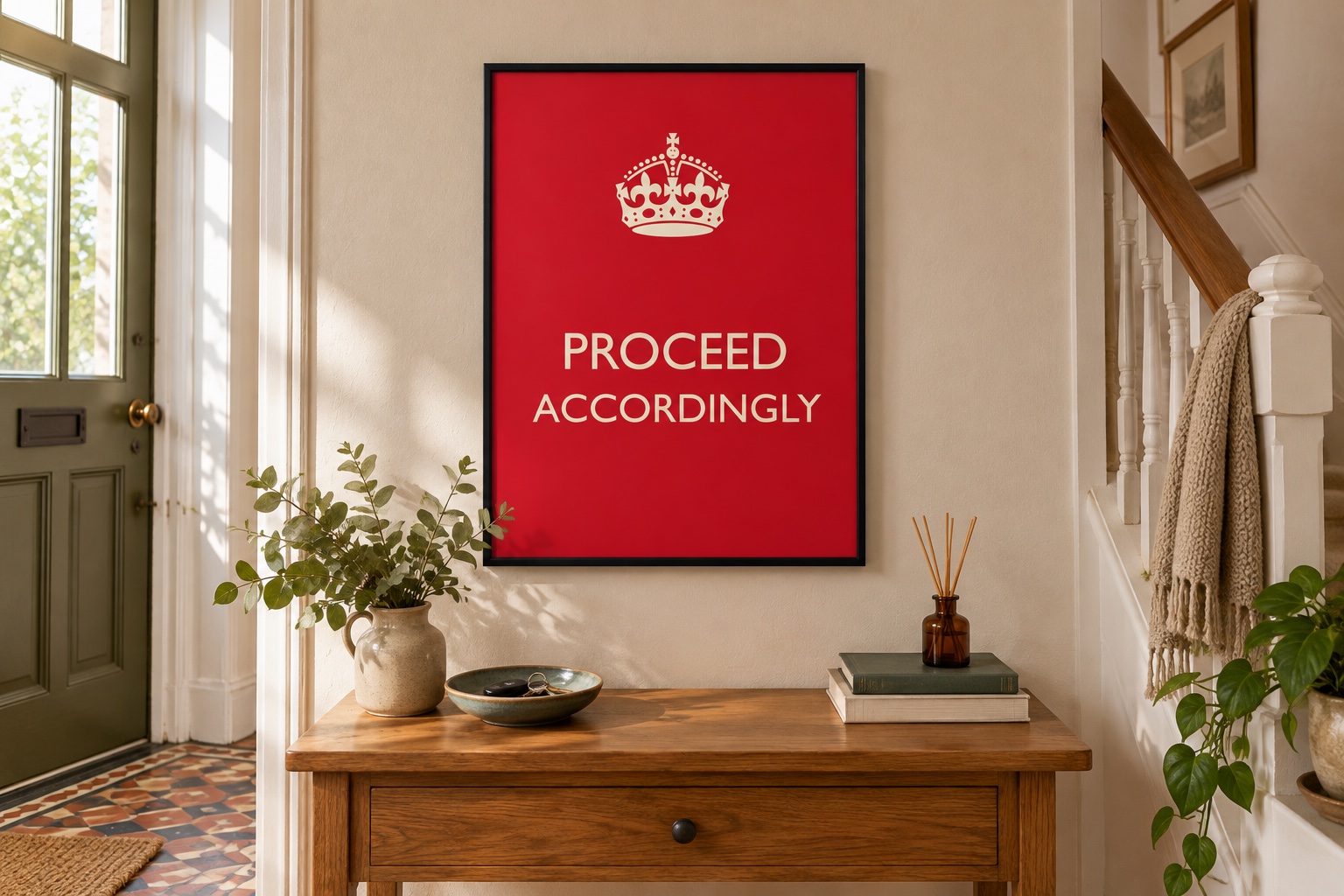 hallway with a red Proceed Accordingly print above an oak console